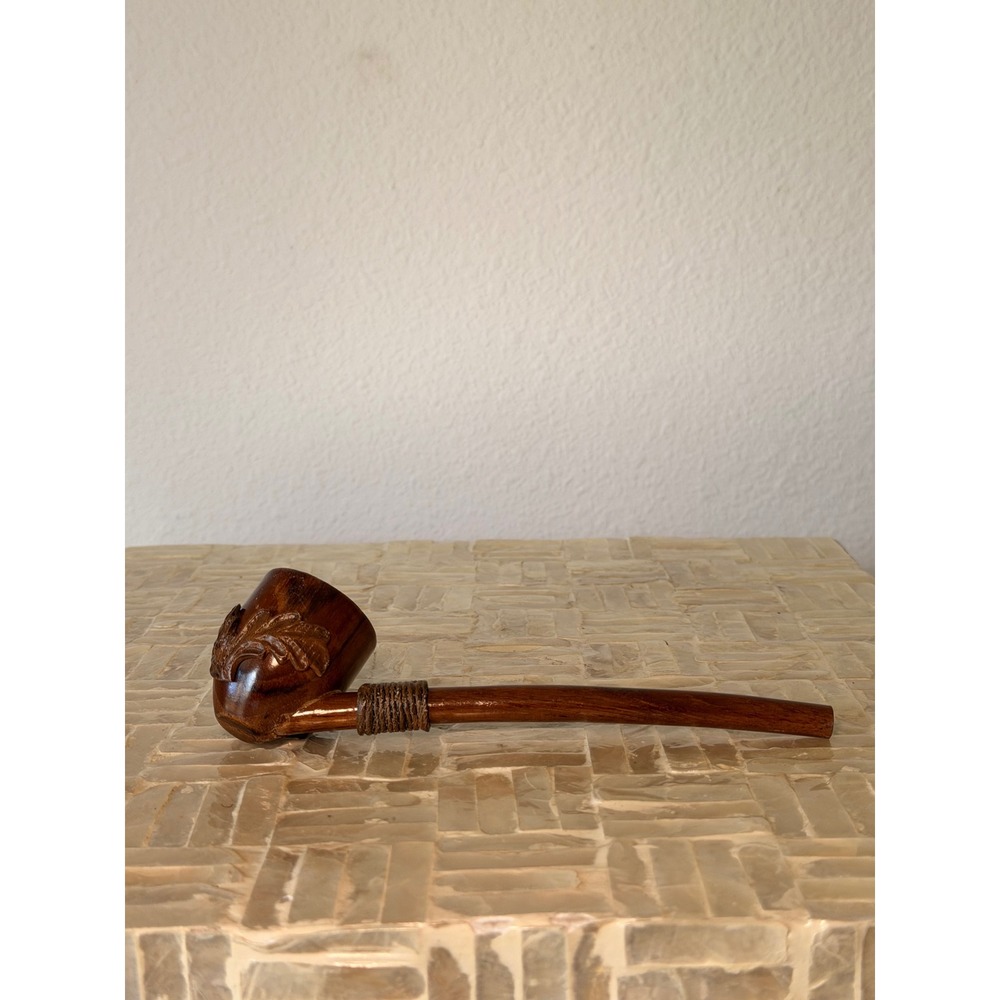 Vintage Hand Carved Wooden Smoking Pipe Leaf Motif Twine Wrap Detail 7 Inch